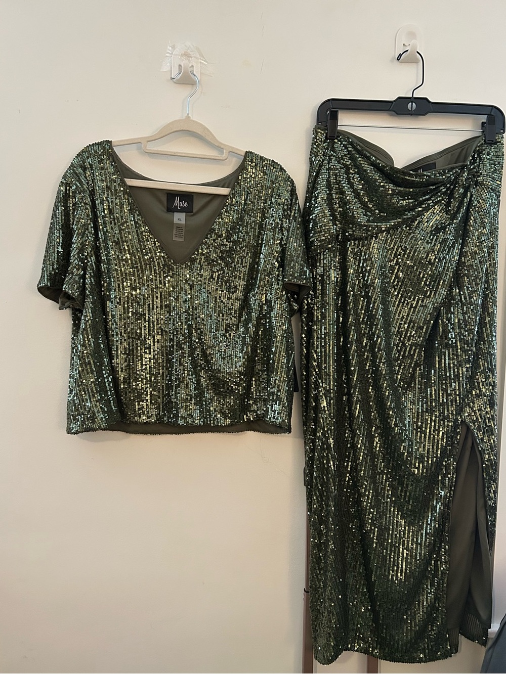 Muse Olive Green Sequin Dress Set